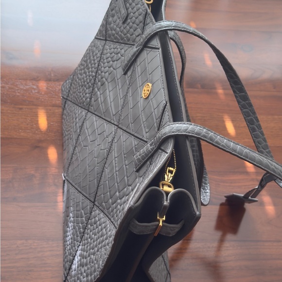 Tory Burch Gray Quilted Tote Bag with Gold Accents - Picture 5 of 7